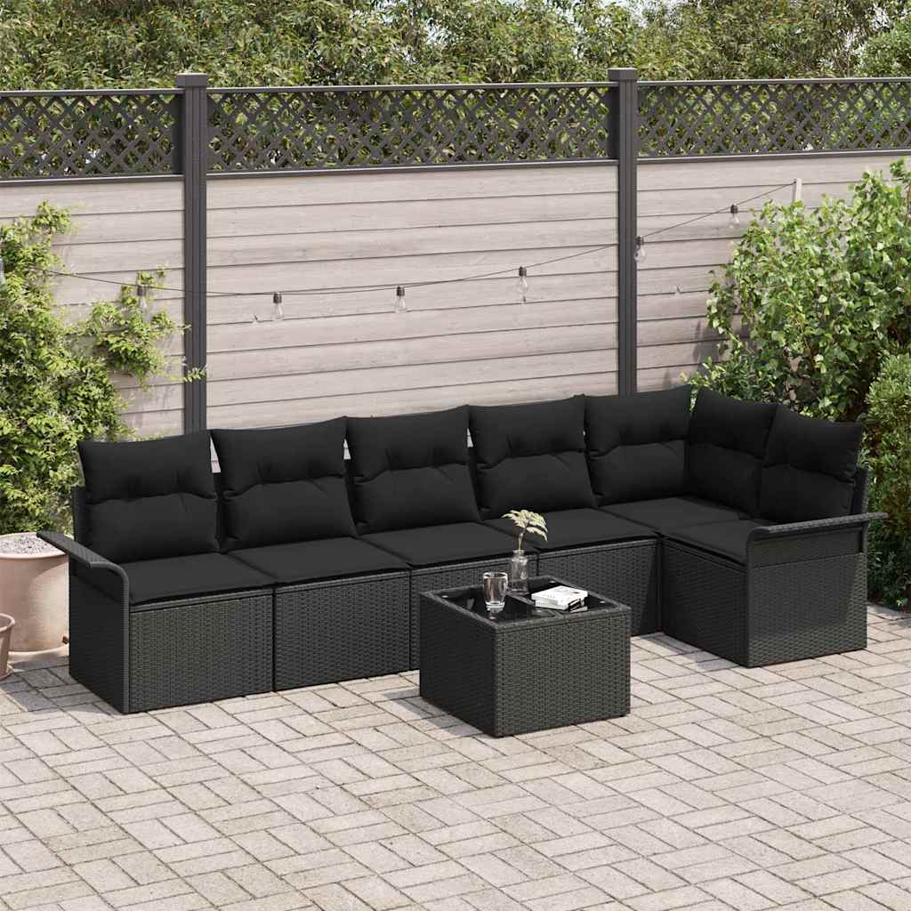 Set Divano da Giardino con cuscino 7 pcs Nero Poly Rattan | homemem39