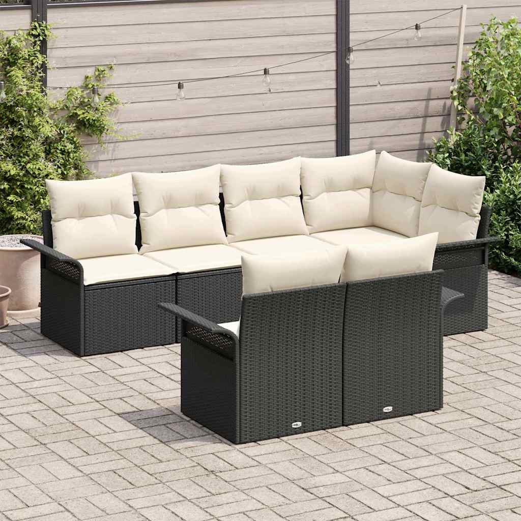 Set Divano da Giardino con cuscino 7 pcs Nero Poly Rattan | homemem39