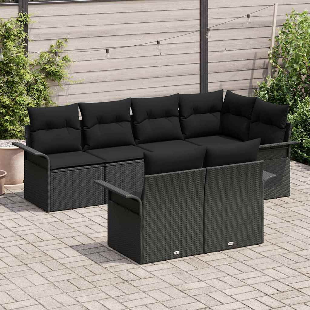 Set Divano da Giardino con cuscino 7 pcs Nero Poly Rattan | homemem39