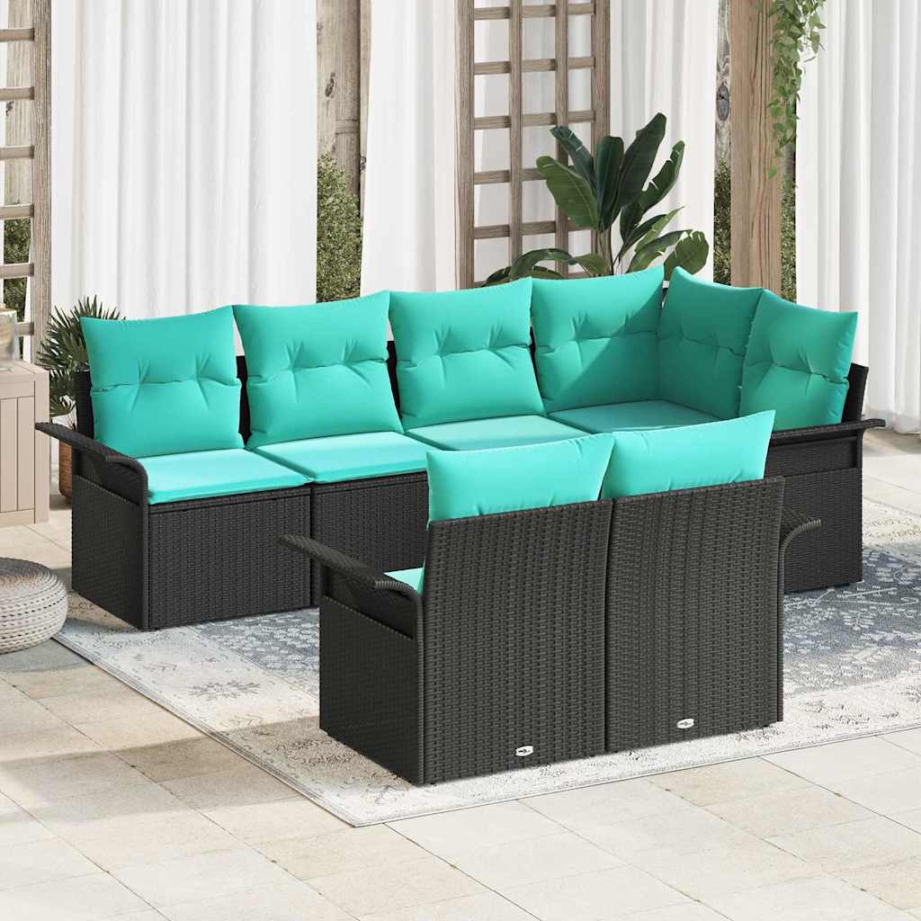 Set Divano da Giardino con cuscino 7 pcs Nero Poly Rattan | homemem39
