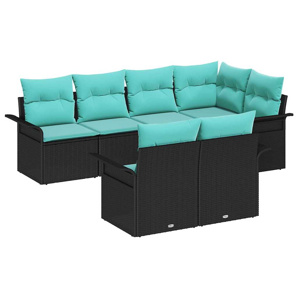 Set Divano da Giardino con cuscino 7 pcs Nero Poly Rattan | homemem39