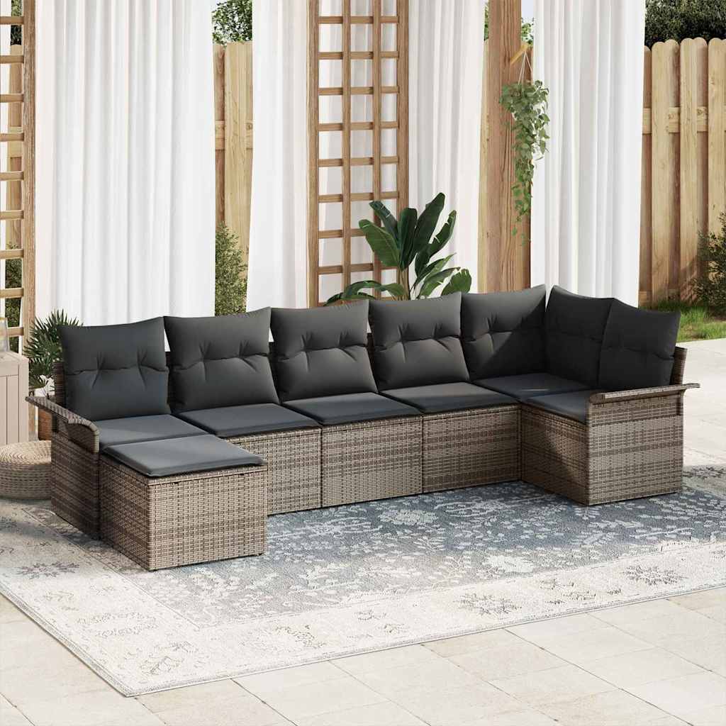 Set Divano da Giardino con cuscino 7 pcs Grigio Poly Rattan