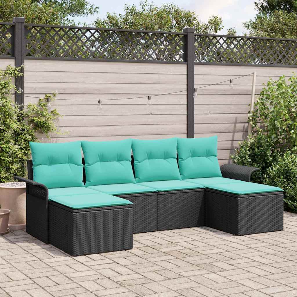 Set Divano da Giardino con cuscino 6 pcs Nero Poly Rattan | homemem39