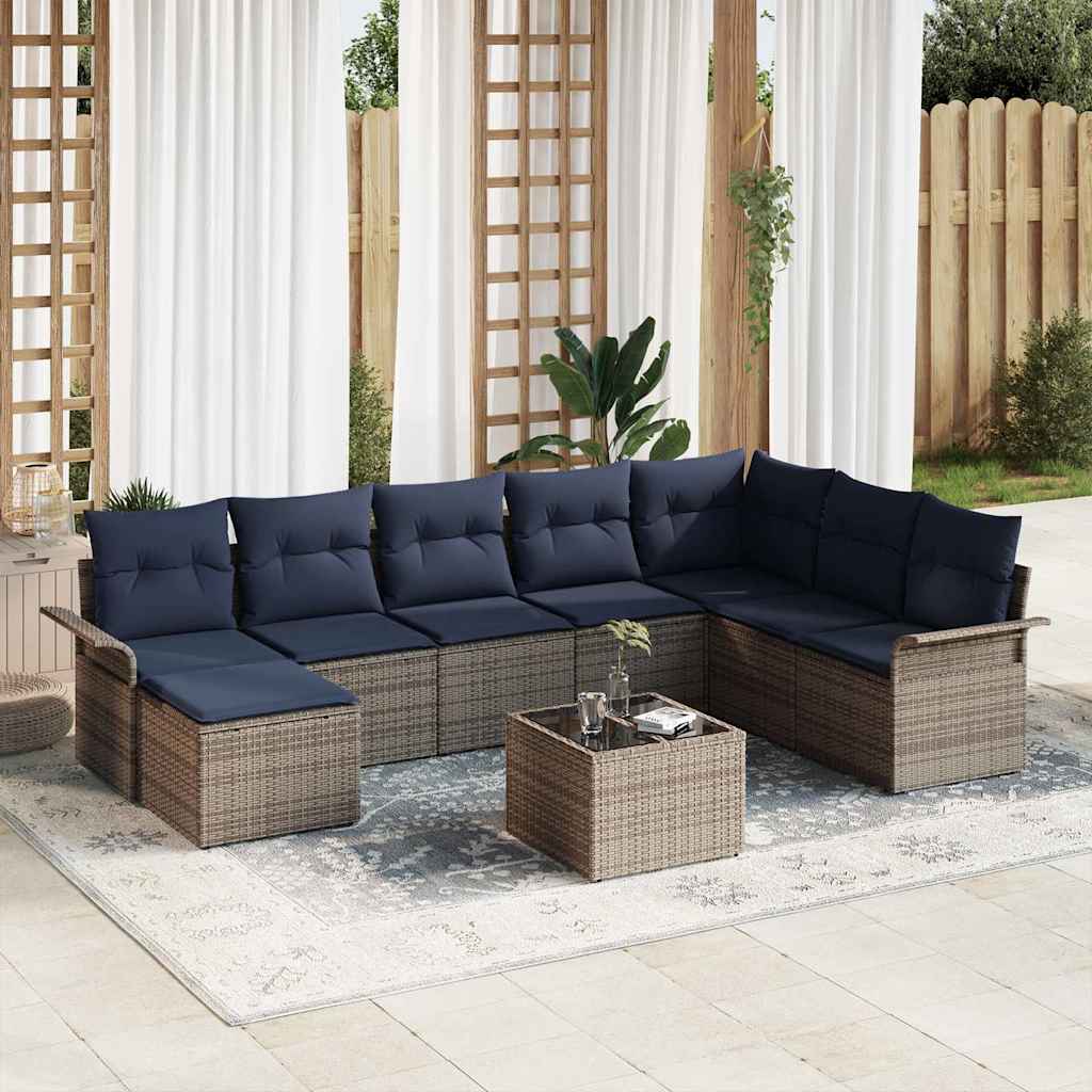 Set Divano da Giardino con cuscino 9 pcs Grigio Poly Rattan