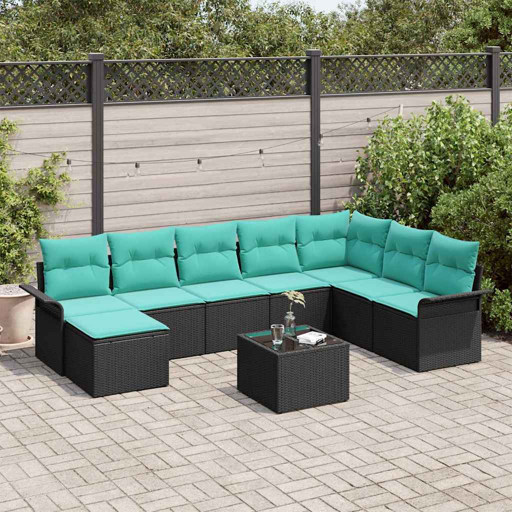 Set Divano da Giardino con cuscino 9 pcs Nero Poly Rattan | homemem39