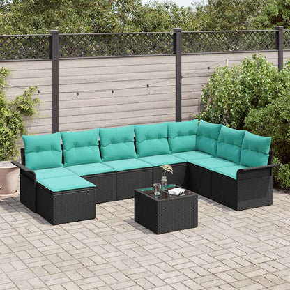 Set Divano da Giardino con cuscino 9 pcs Nero Poly Rattan