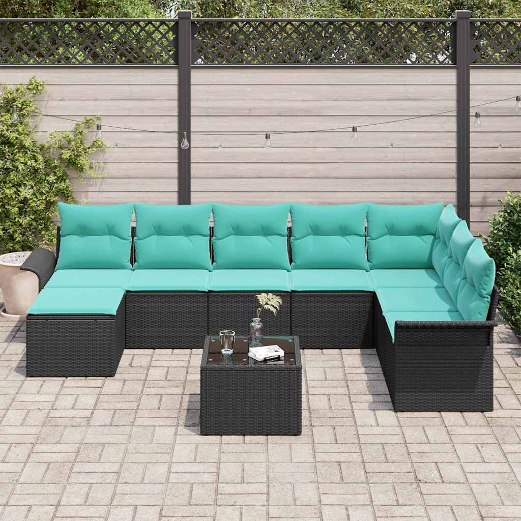 Set Divano da Giardino con cuscino 9 pcs Nero Poly Rattan | homemem39