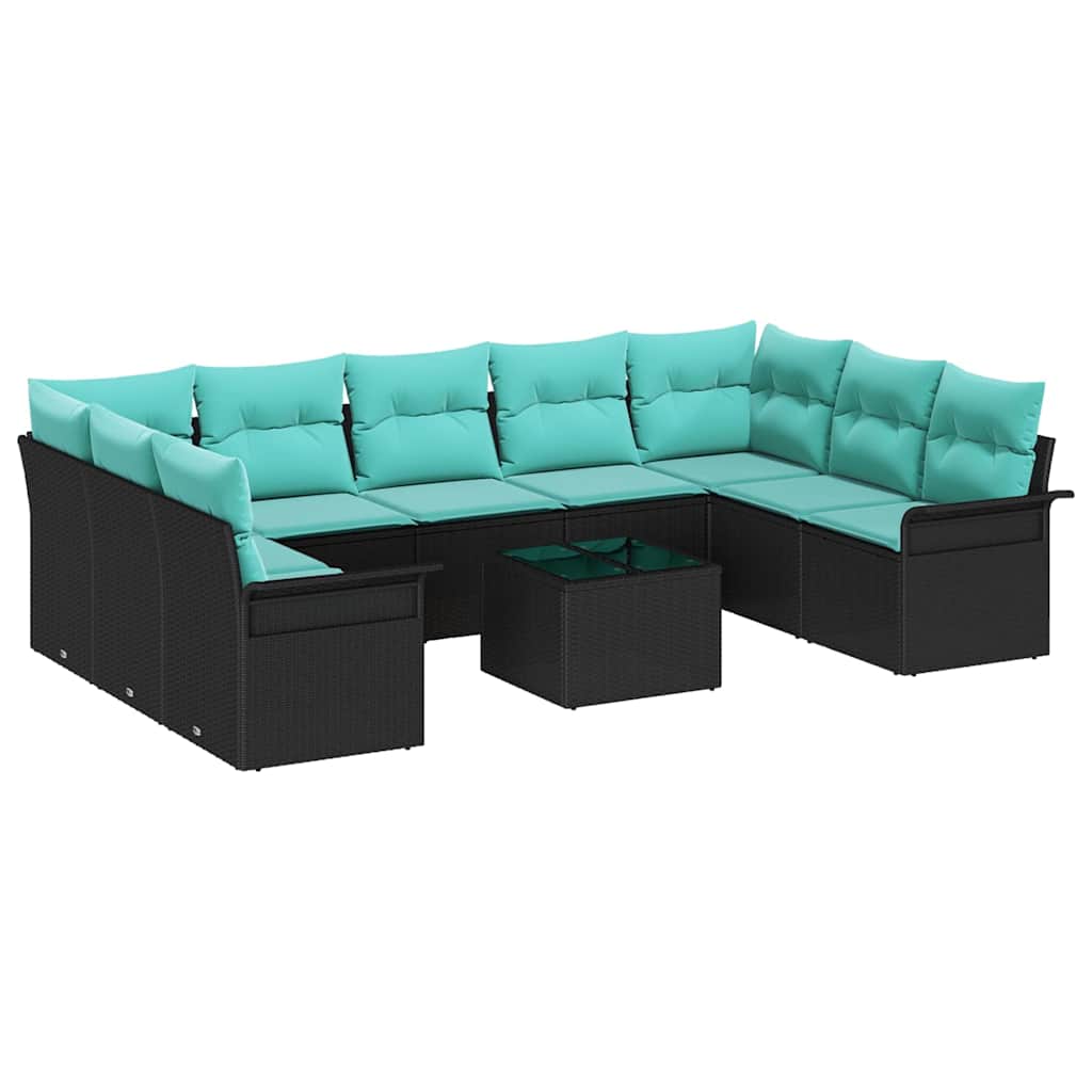 Set Divano da Giardino con cuscino 10 pcs Nero Poly Rattan | homemem39