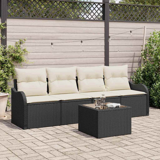 Set Divano da Giardino 5 pcs Nero e Crema polyrattan