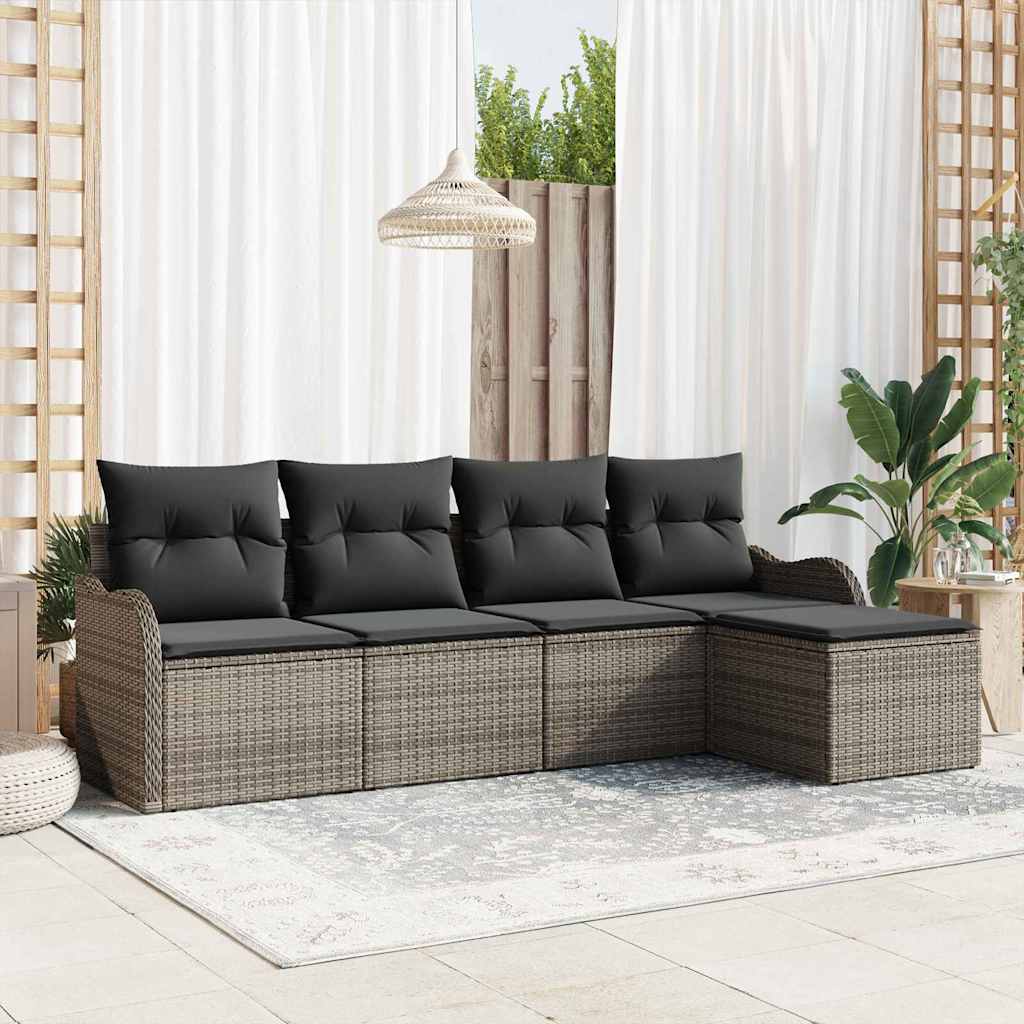 Set Divano da Giardino con cuscino 5 pcs Grigio Poly Rattan | homemem39