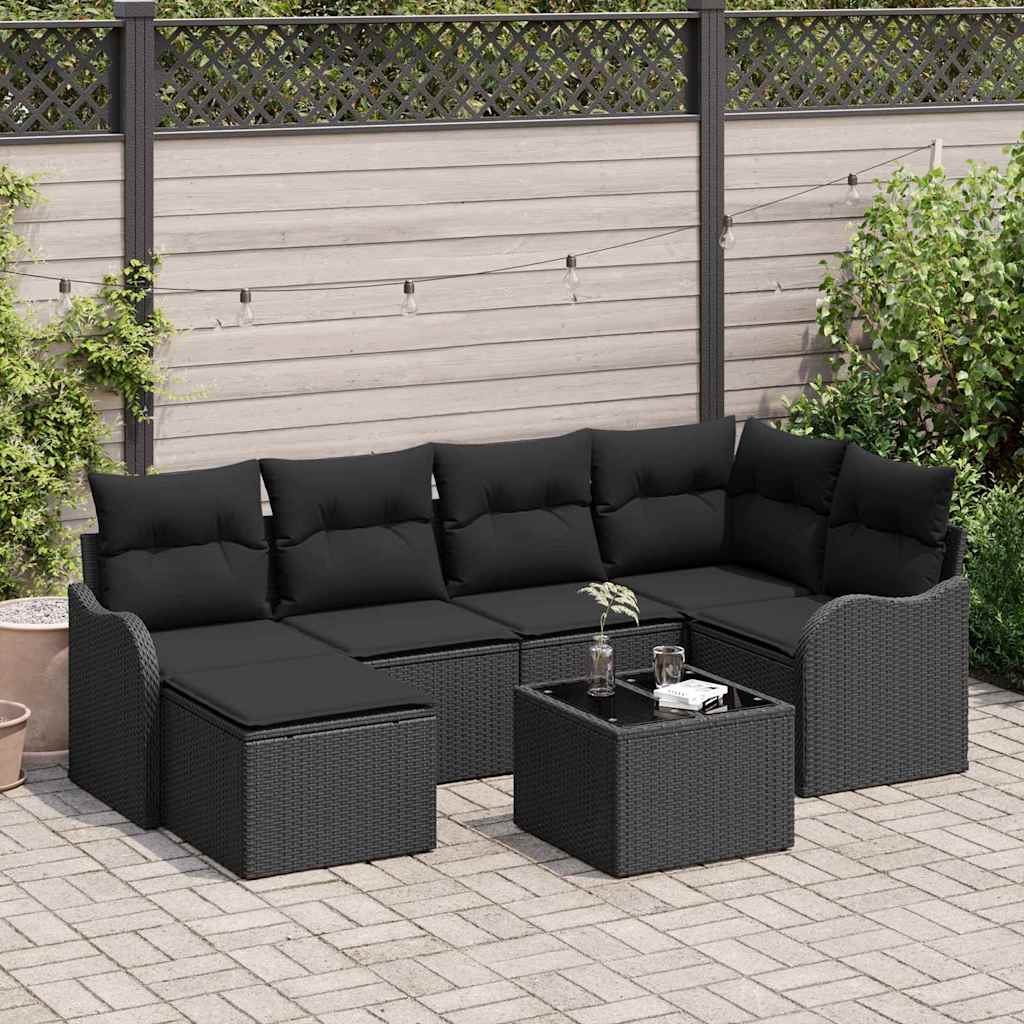 Set Divano da Giardino con cuscino 7 pcs Nero Poly Rattan | homemem39
