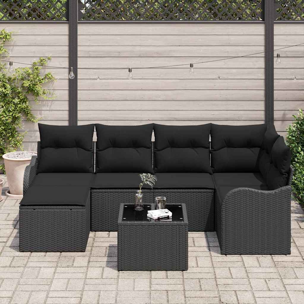 Set Divano da Giardino con cuscino 7 pcs Nero Poly Rattan | homemem39