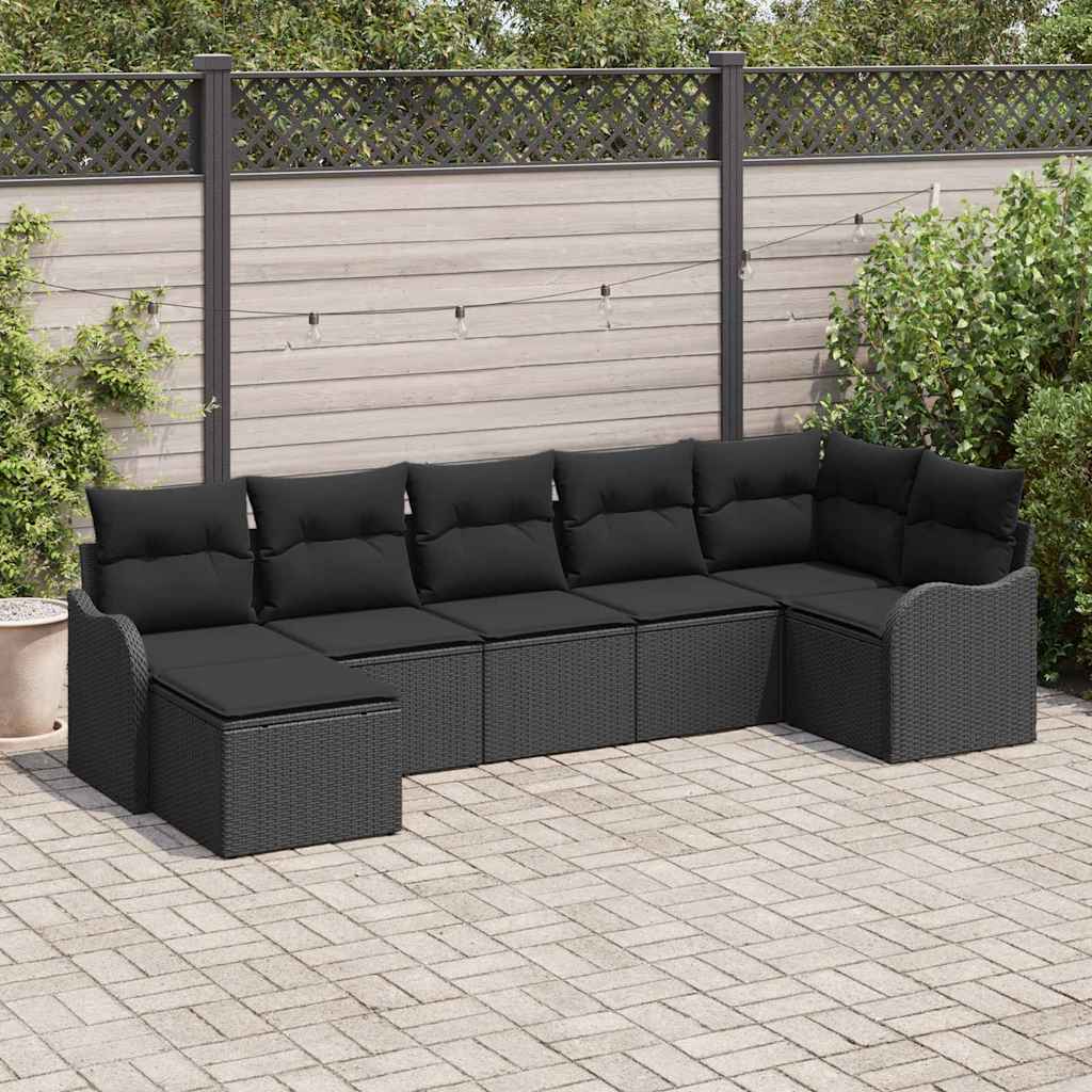 Set Divano da Giardino con cuscino 7 pcs Nero Poly Rattan | homemem39