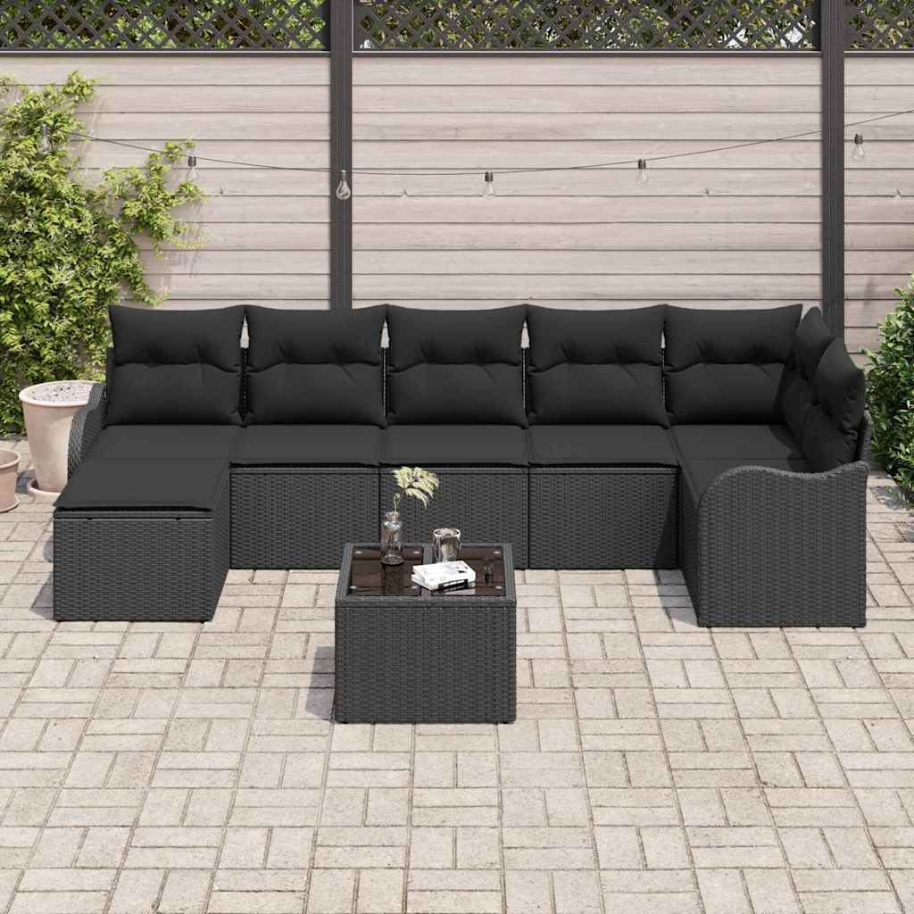 Set Divano da Giardino con cuscino 8 pcs Nero Poly Rattan | homemem39