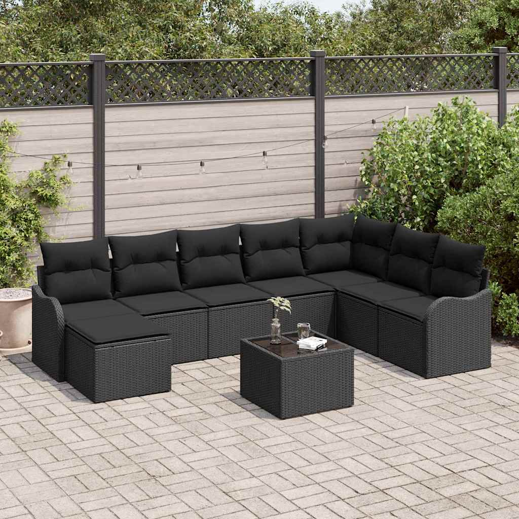 Set Divano da Giardino con cuscino 9 pcs Nero Poly Rattan | homemem39