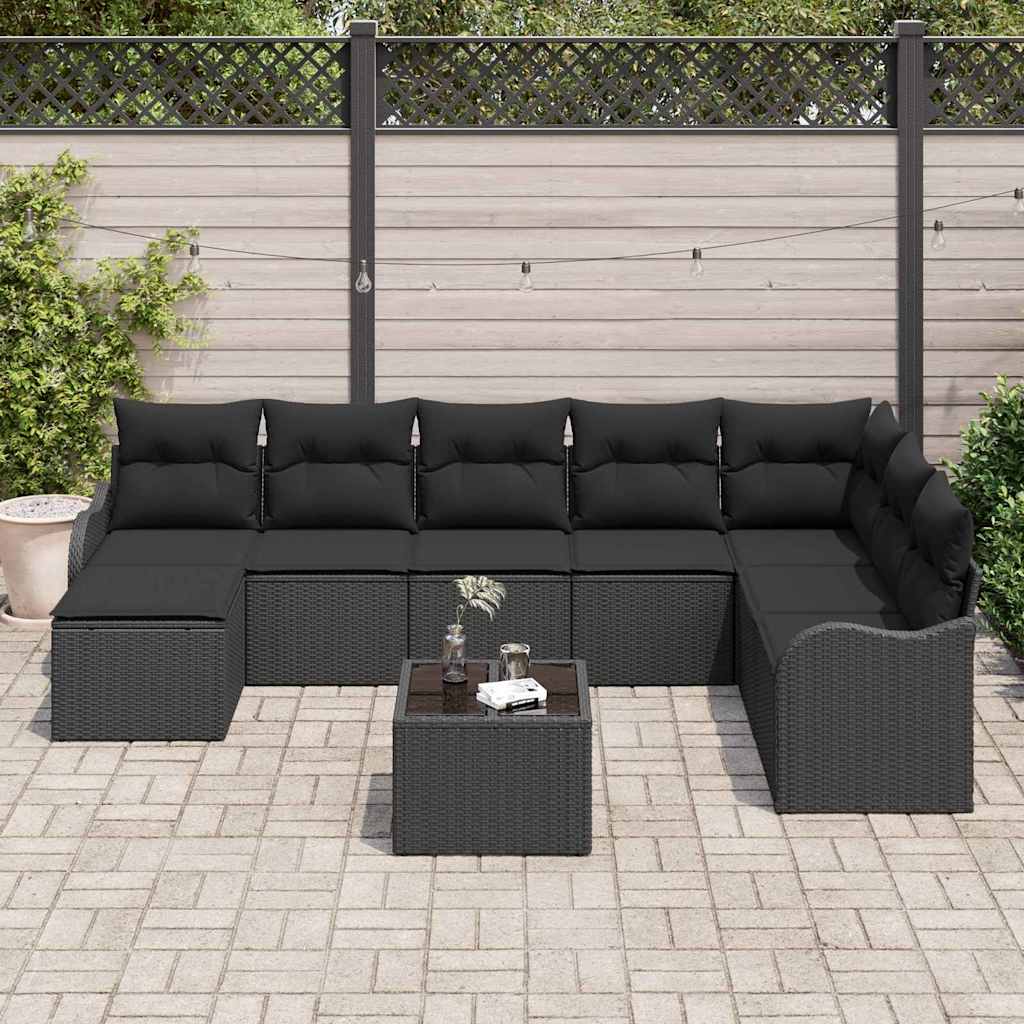 Set Divano da Giardino con cuscino 9 pcs Nero Poly Rattan | homemem39