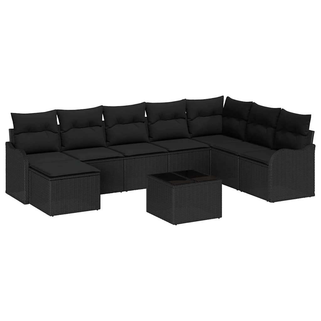 Set Divano da Giardino con cuscino 9 pcs Nero Poly Rattan | homemem39