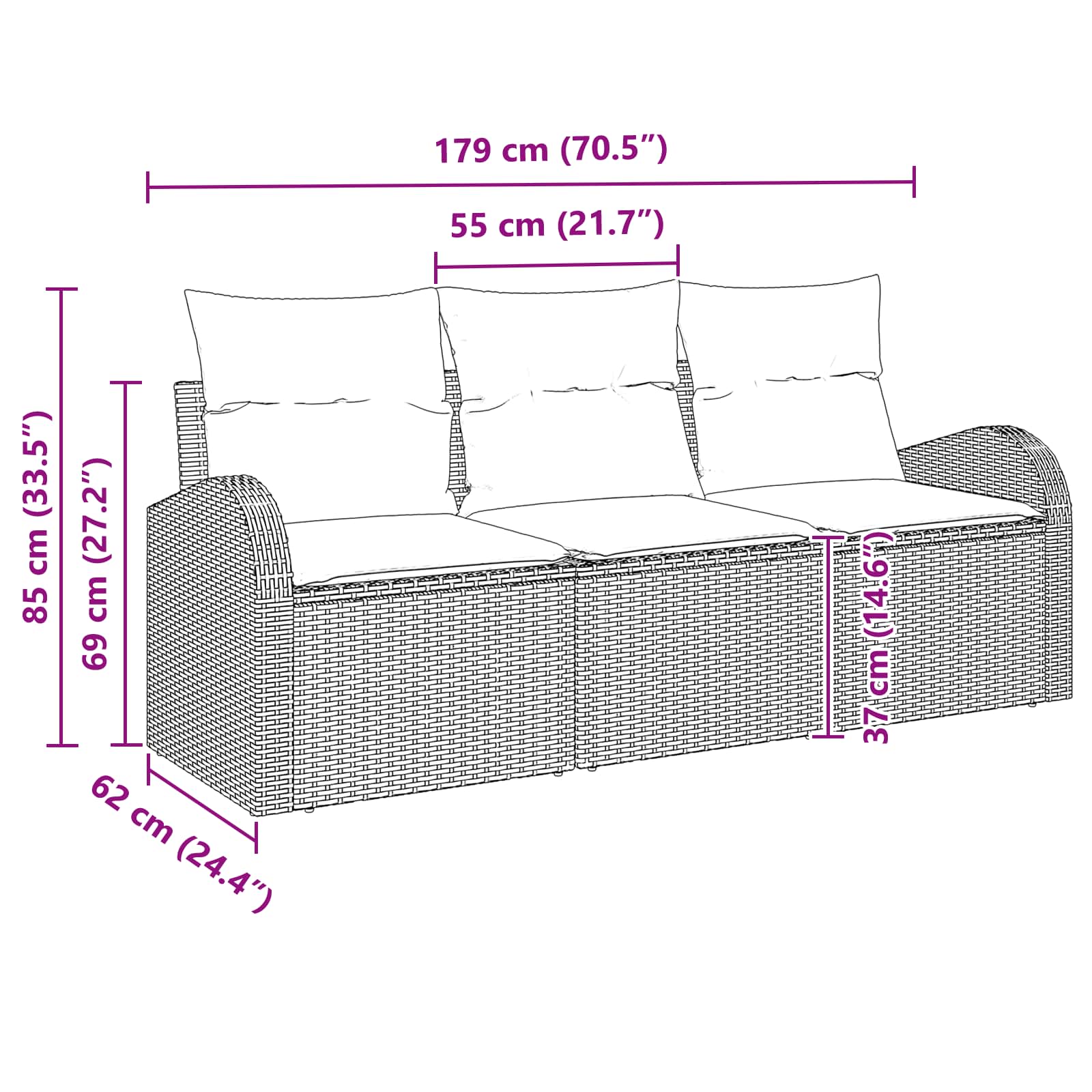 Set Divano da Giardino 3 pcs Nero e turchese Poly Rattan | homemem39
