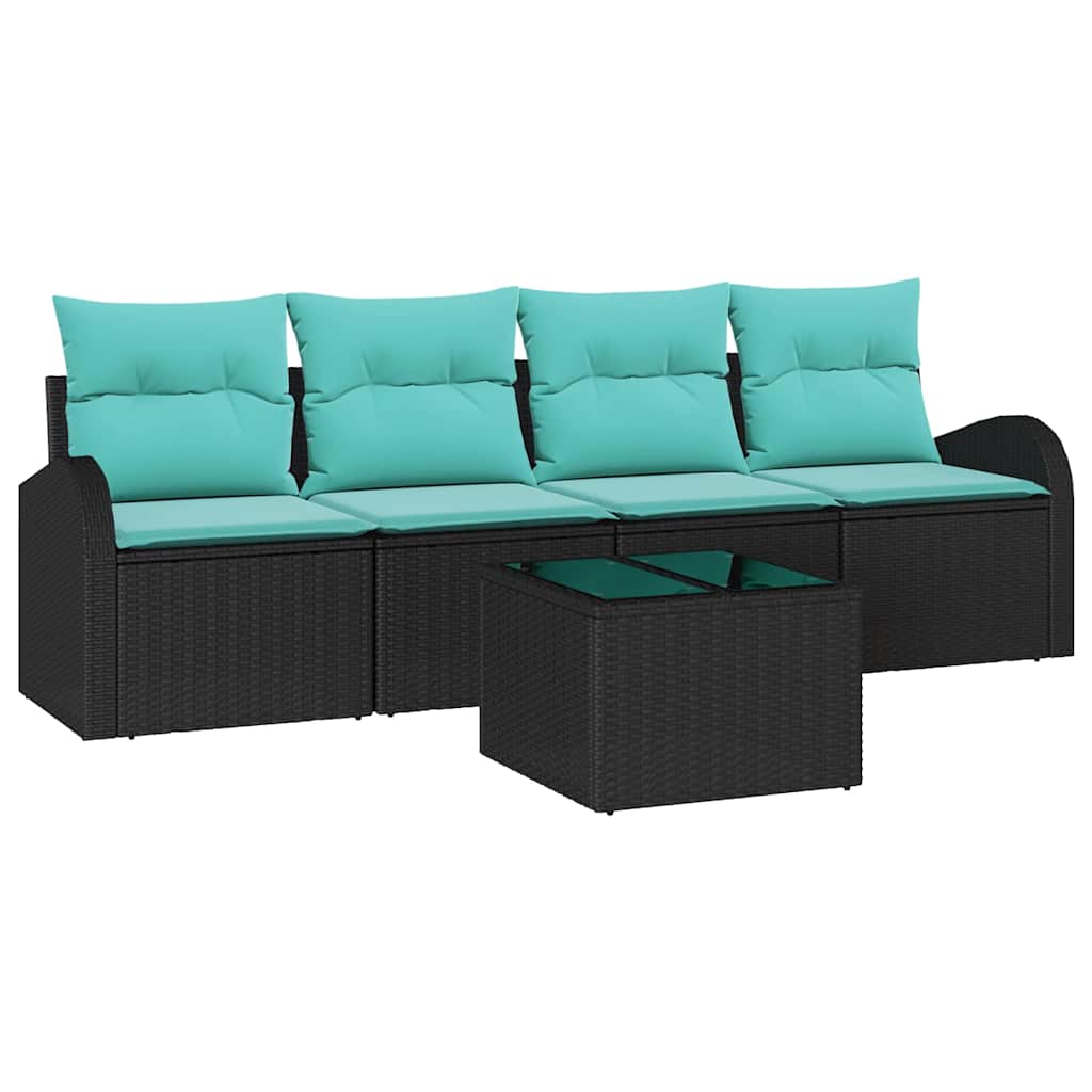 Set Divano da Giardino 5 pcs Nero e Turchese polyrattan