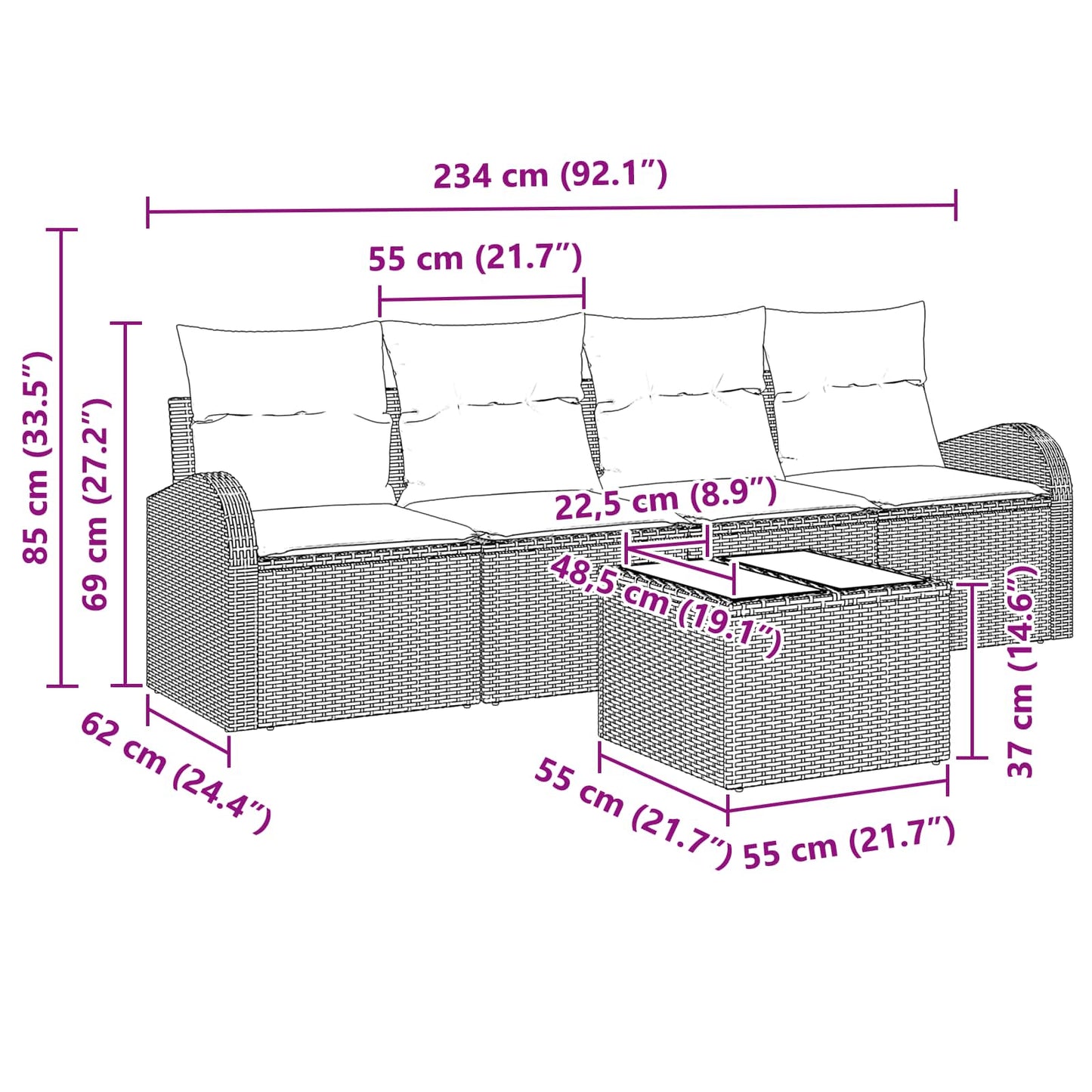 Set Divano da Giardino 5 pcs Nero e Turchese polyrattan | homemem39