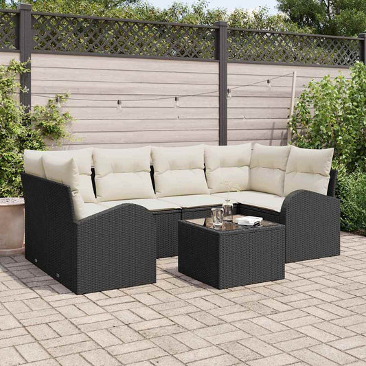 Set Divano da Giardino 7 pcs Nero e Crema polyrattan