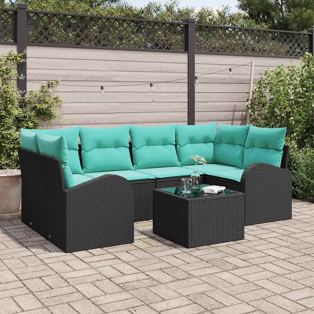 Set Divano da Giardino 7 pcs Nero e Turchese polyrattan