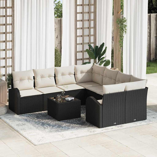 Set di divani con cuscino 9 pcs Nero e Crema polyrattan