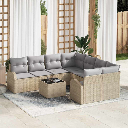 Set di divani con cuscino 9 pcs Beige e grigio polyrattan