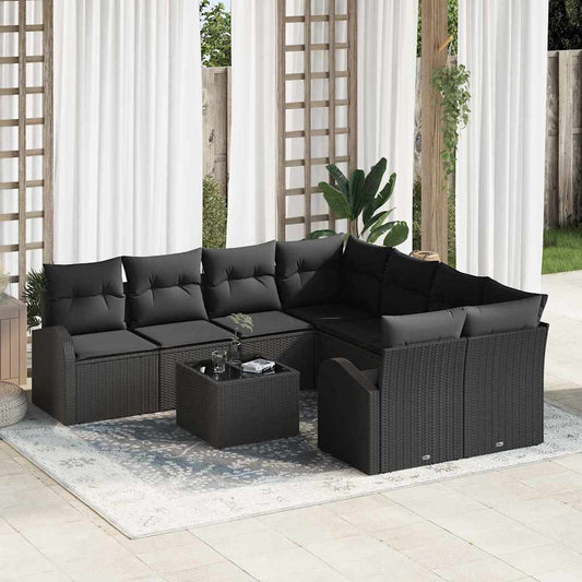 Set di divani con cuscino 9 pcs Nero polyrattan