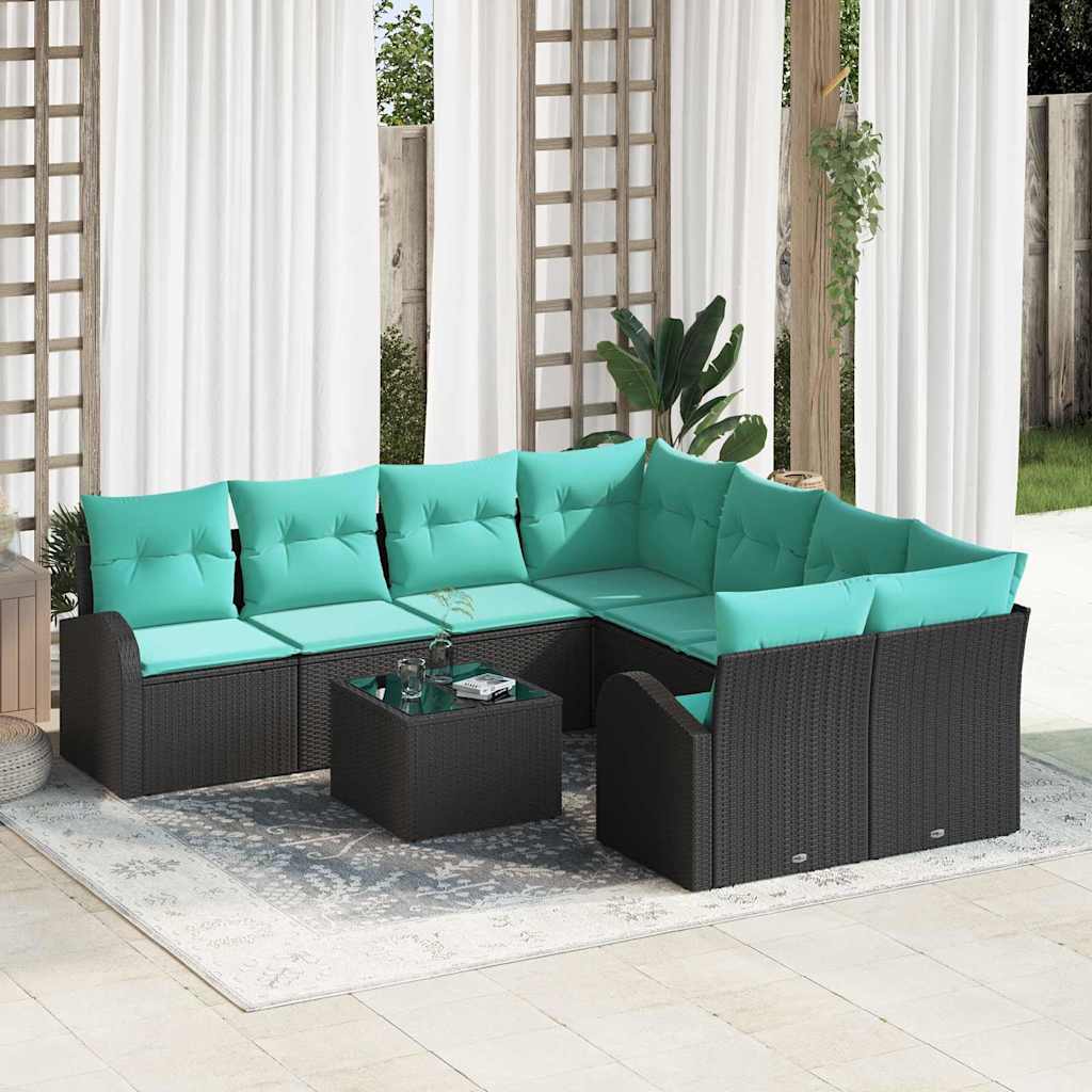 Set di divani con cuscino 9 pcs Nero e Turchese polyrattan | homemem39