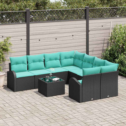 Set di divani con cuscino 9 pcs Nero e Turchese polyrattan