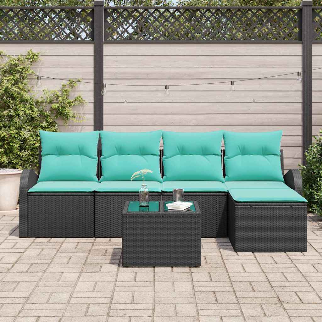 Set di divani con cuscino 6 pcs Nero e Turchese polyrattan