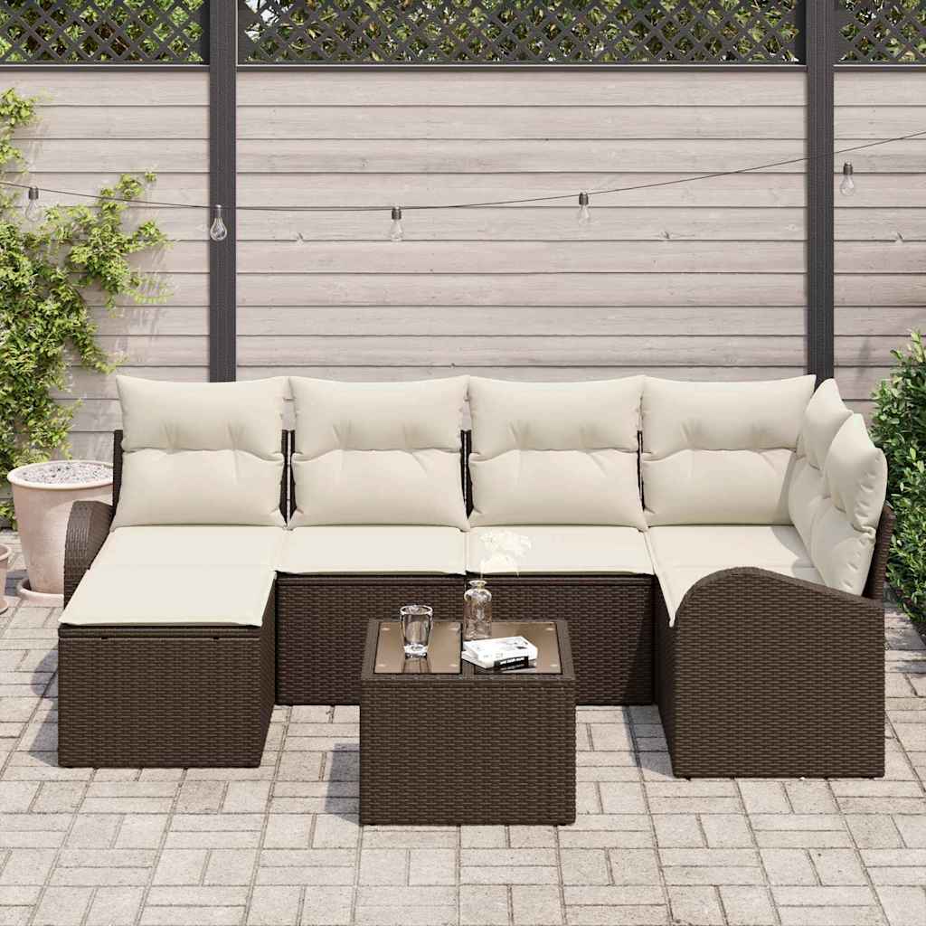 Set di divani con cuscino 7 pcs Marrone e bianco polyrattan