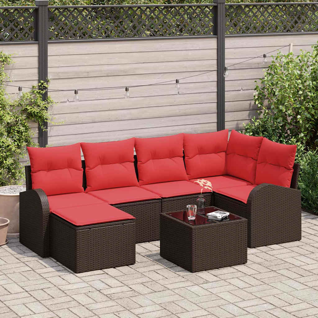 Set di divani con cuscino 7 pcs Marrone e Rosso polyrattan | homemem39