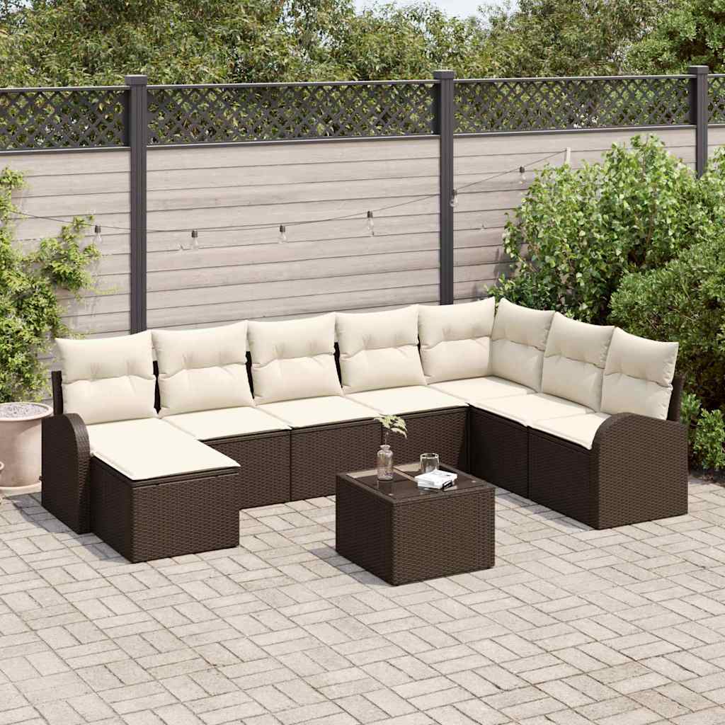 Set di divani con cuscino 9 pcs Marrone e bianco polyrattan | homemem39