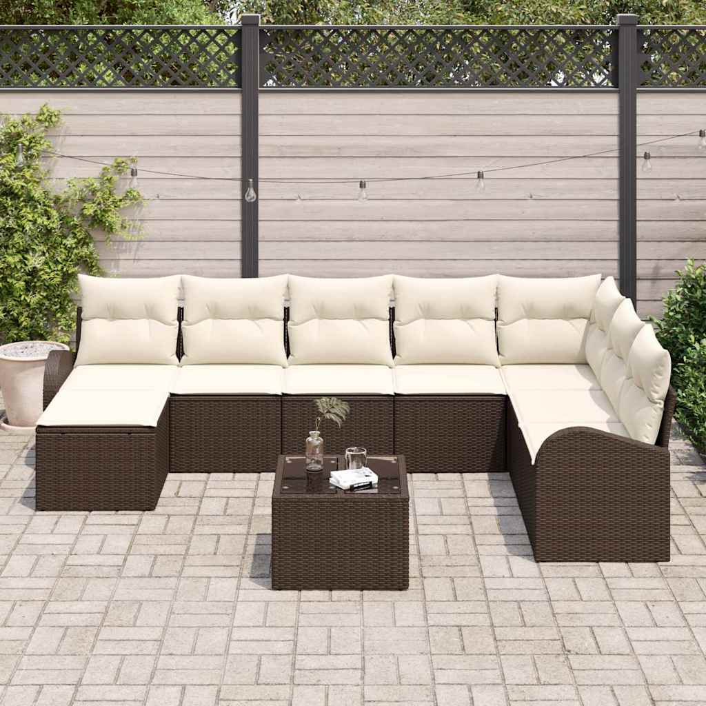 Set di divani con cuscino 9 pcs Marrone e bianco polyrattan | homemem39