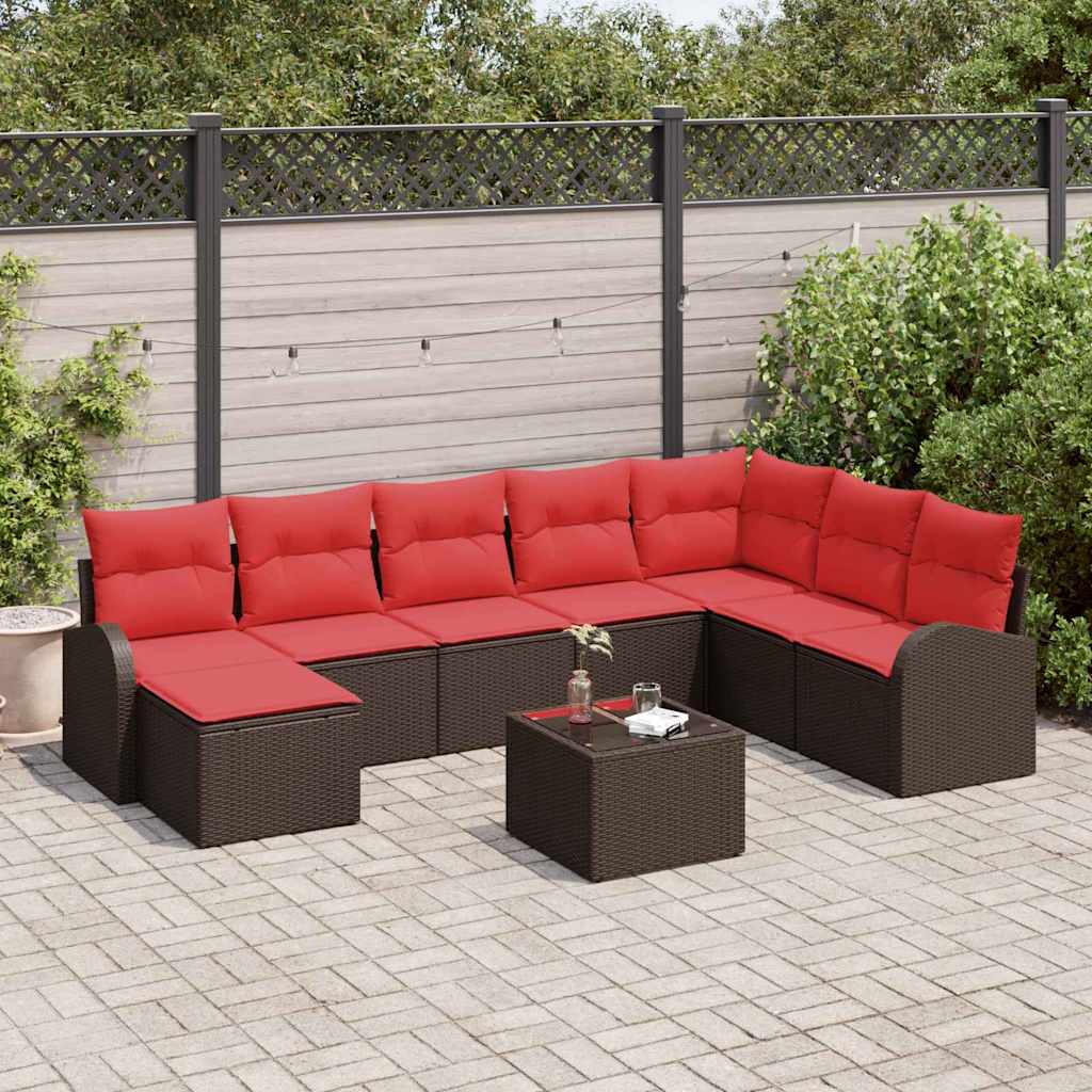 Set di divani con cuscino 9 pcs Marrone e Rosso polyrattan | homemem39