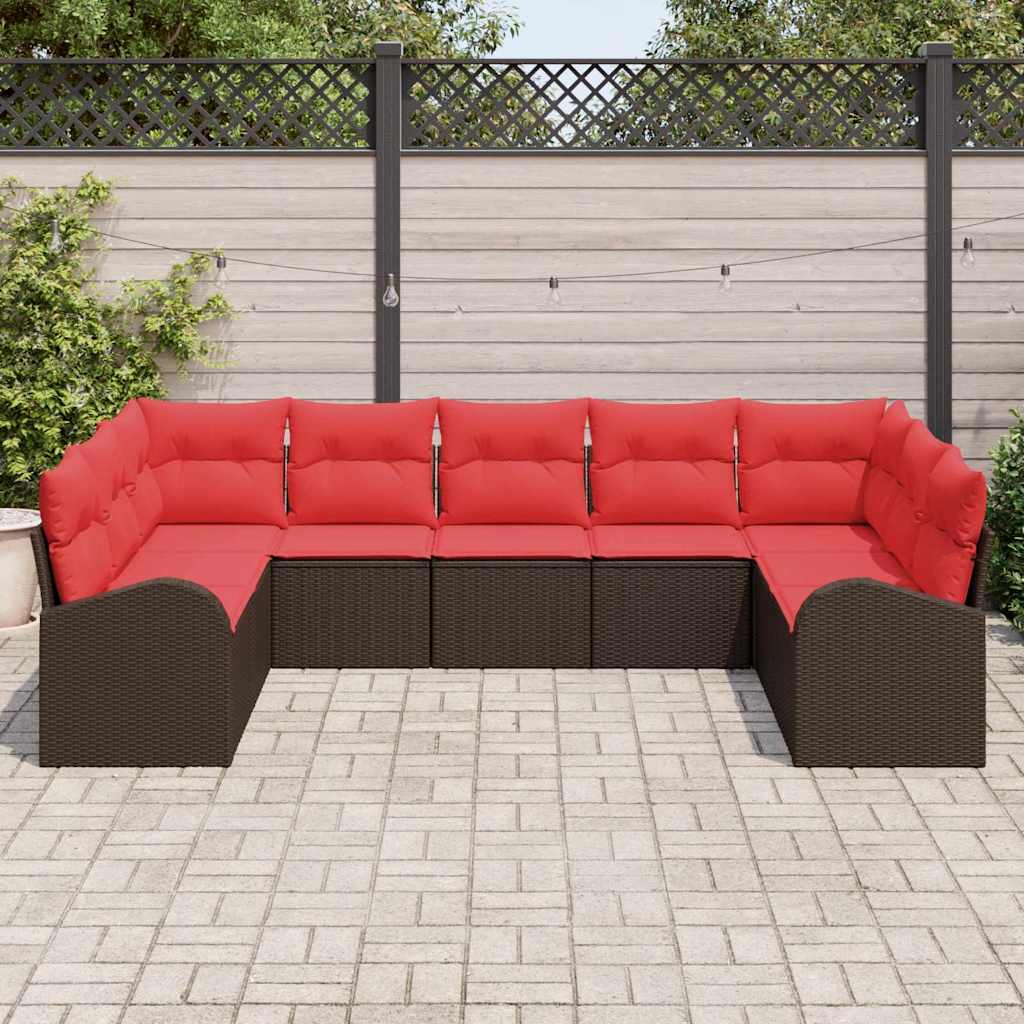 Set Divano da Giardino 9 pcs Marrone e Rosso polyrattan
