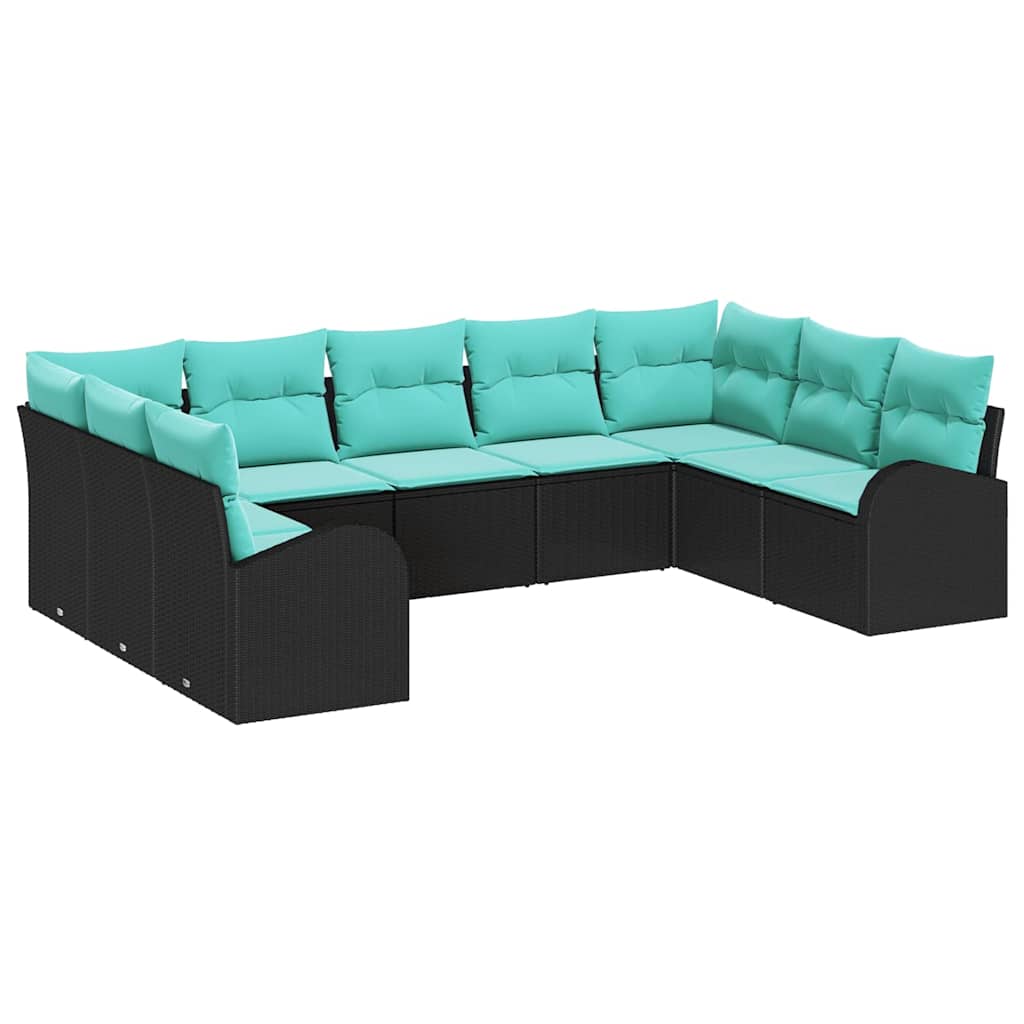 Set Divano da Giardino 9 pcs Nero e Turchese polyrattan