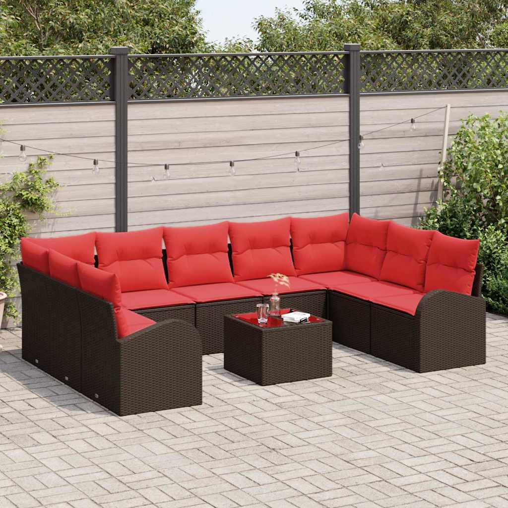 Set Divano da Giardino 10 pcs Marrone e Rosso polyrattan