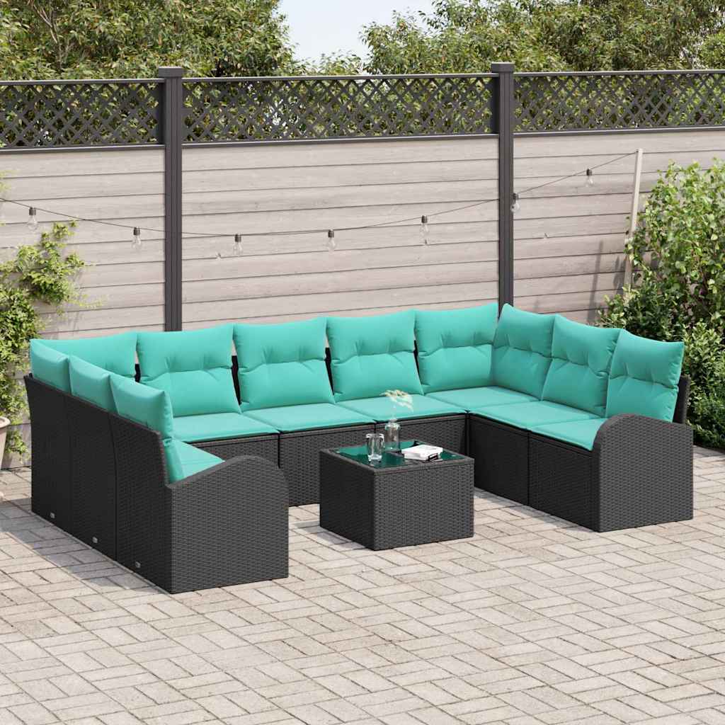 Set Divano da Giardino 10 pcs Nero e Turchese polyrattan | homemem39