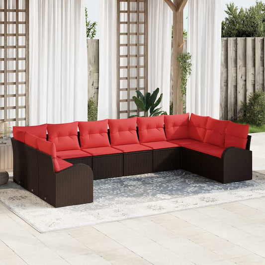 Set Divano da Giardino 10 pcs Marrone e Rosso polyrattan