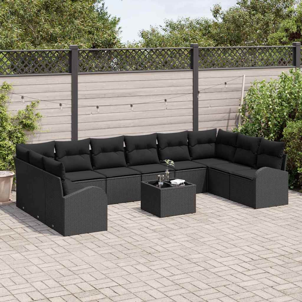 Set Divano da Giardino con cuscino 11 pcs Nero polyrattan
