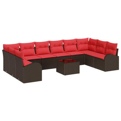 Set Divano da Giardino 11 pcs Marrone e Rosso polyrattan
