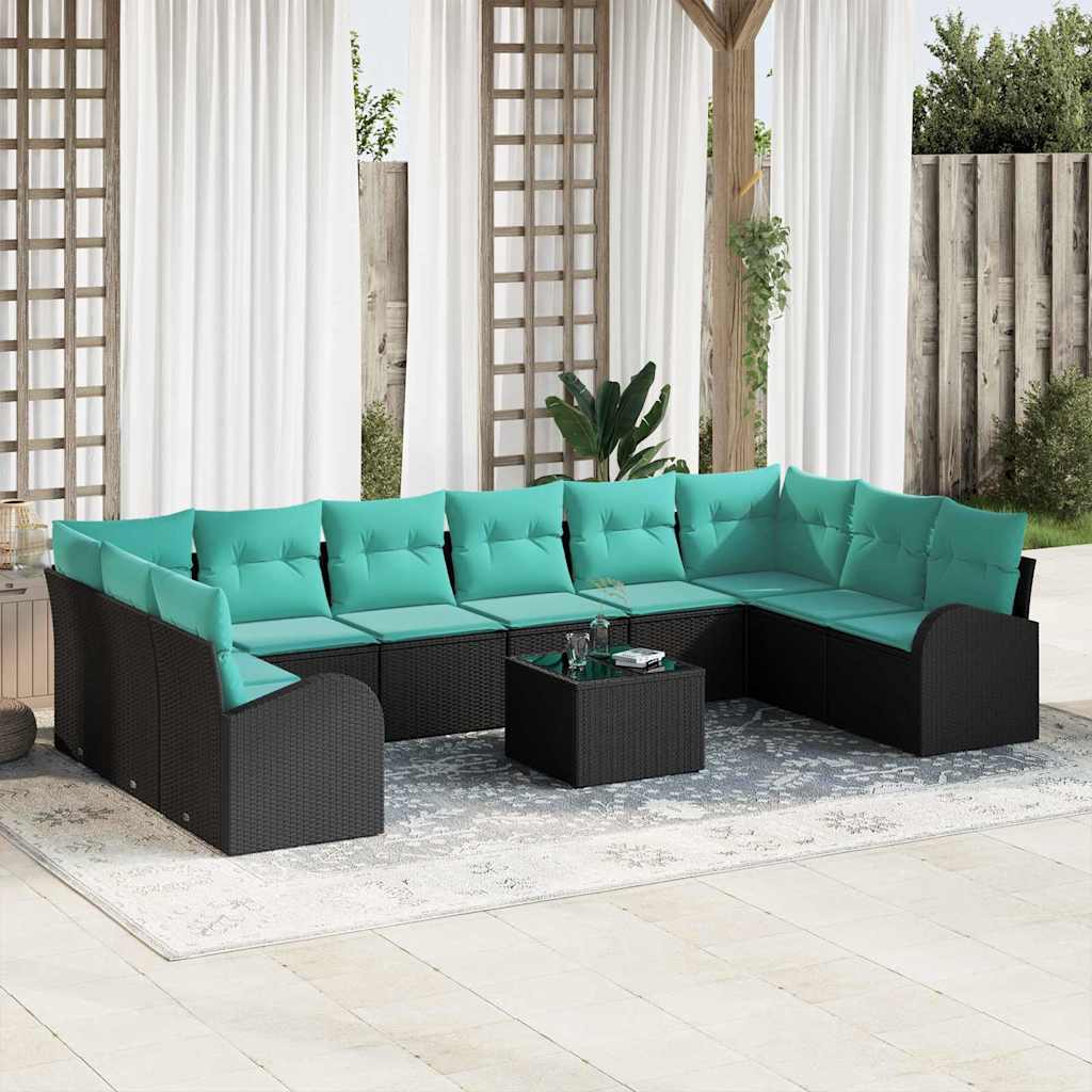 Set Divano da Giardino 11 pcs Nero e Turchese polyrattan | homemem39