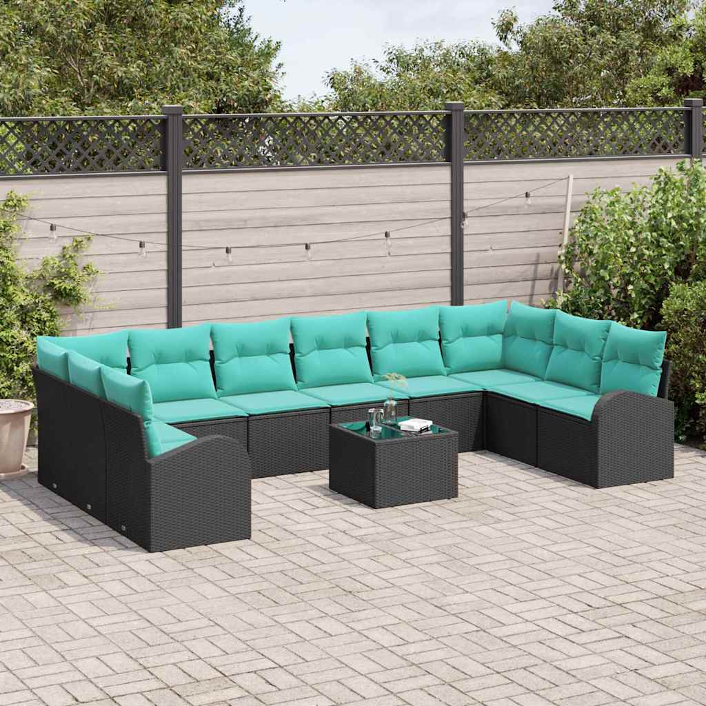 Set Divano da Giardino 11 pcs Nero e Turchese polyrattan