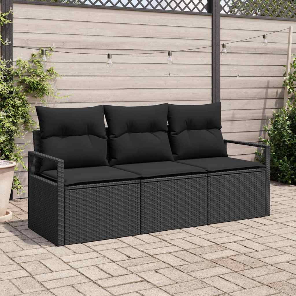 Set Divano da Giardino con cuscino 3 pcs Nero polyrattan