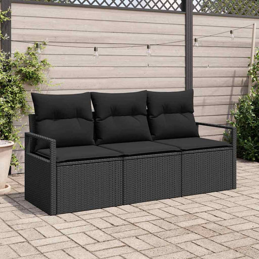 Set Divano da Giardino con cuscino 3 pcs Nero polyrattan