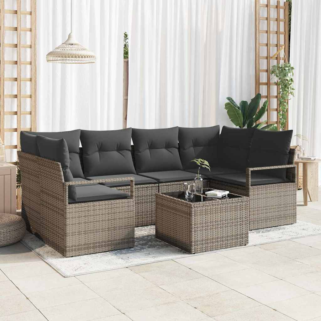 Set Divano da Giardino 7 pcs Grigio Polyrattan, Acciaio e Vetro