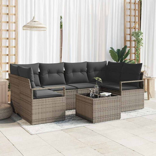 Set Divano da Giardino 7 pcs Grigio Polyrattan, Acciaio e Vetro